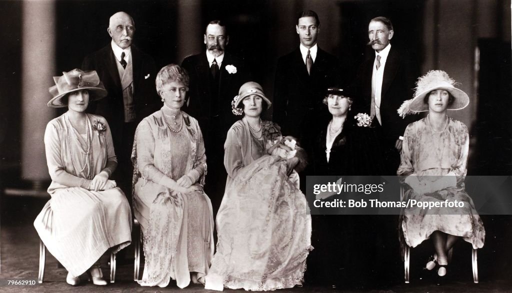 British Royalty, The christening of Princess Elizabeth Alexandra Mary, 1926, Group, back row, L-R: Duke of Connaught, H,M,King George V of Great Britain, Duke of York, Earl of Strathmore, Front row, L-R: Lady Elphinstone, H,M,Queen Mary, Duchess of York a