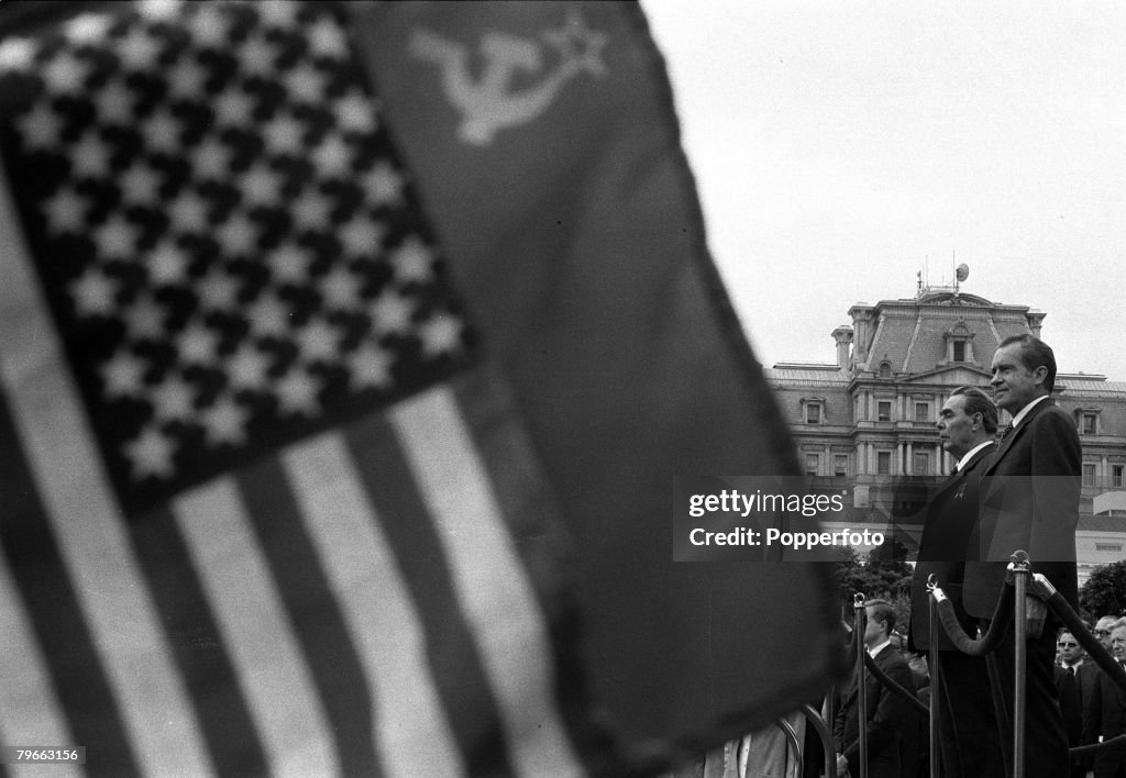 Washington DC, USA, 18th June 1973, Russian Premier Leonid Brezhnev (left) and American President Richard Nixon are pictured prior to their White House talks