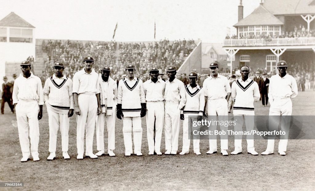 Sport, Cricket, September 8th-11th, 1928, at Scarborough, Mr,H,D,G,Leveson-Gower's XI v West Indies, Leveson-Gower's XI won by 8 wickets, The West Indies team pictured before the start of play, The team was captained by their wicketkeeper R,K,Nunes and in