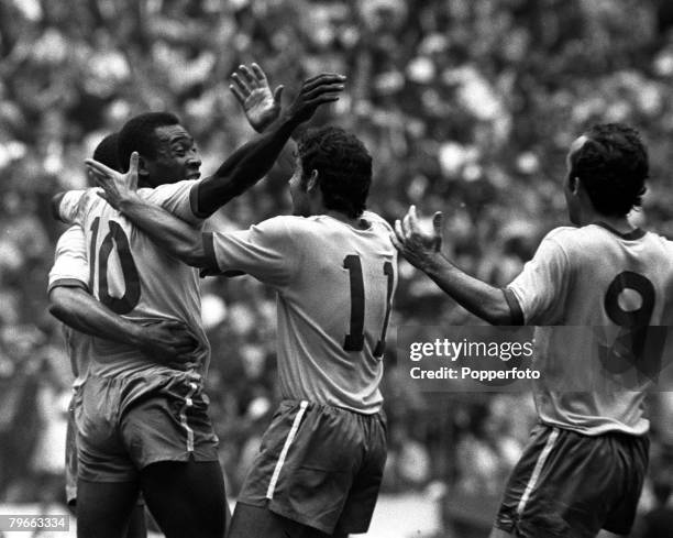 Sport, Football, World Cup Final, Mexico City, Mexico, 21st June 1970, Brazil 4 v Italy 1, Brazil's Pele is hugged by Rivellino after he had scored...