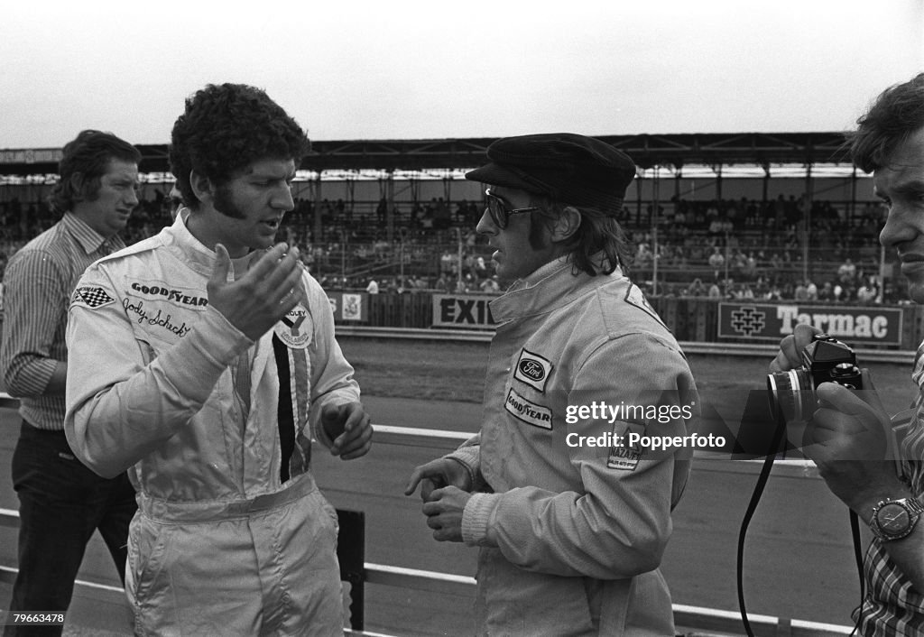 Sport, Motor Racing, British Grand Prix, Silverstone, England, 12th July 1973, South Africa+s Jody Scheckter (left) chats with Scotland+s Jackie Stewart before the race