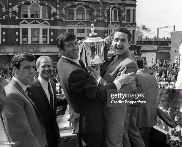 Sport, Football, London, England, 21st May 1967, Tottenham Hotspur players L-R: Mike England, Frank Saul, Terry Venables and captain Dave Mackay...