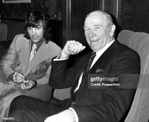 Sport, Football, London, England, 8th February 1971, Manchester United Manager Sir Matt Busby is pictured with George Best at an FA disciplinary...