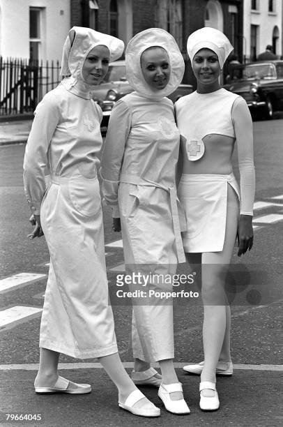 London, England, 25th October 1970, Nurses uniforms designed by French fashion designer Pierre Cardin are modelled at the Nursing Exhibition