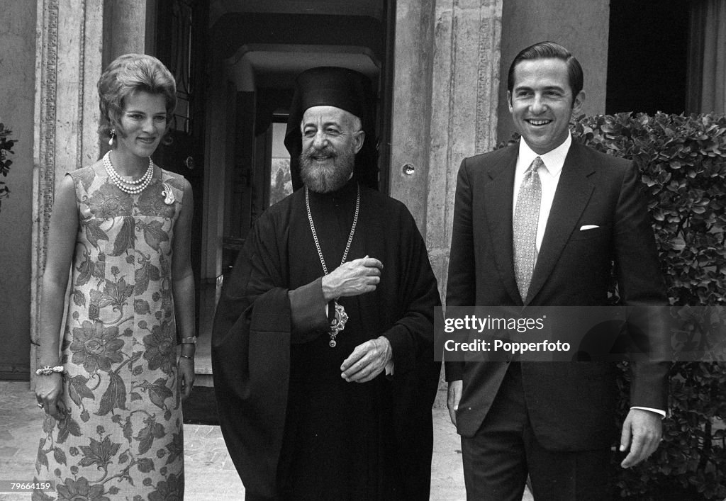 Rome, Italy, 12th September 1970, Self-exiled King Constantine of Greece and Queen Marie pictured with the President of Cyprus Archibishop Makarios (centre)