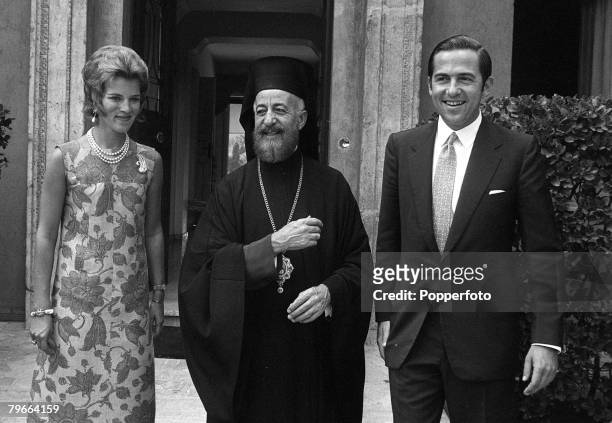 Rome, Italy, 12th September 1970, Self-exiled King Constantine of Greece and Queen Marie pictured with the President of Cyprus Archibishop Makarios