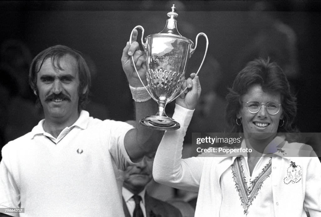 All England Lawn Tennis Championships, Wimbledon, Mixed Doubles, 8th July 1973, USA's Billie Jean King and Owen Davidson of Australia hold the Mixed Doubles trophy after defeating Janet Newberry of USA and Raul Ramirez of Mexico