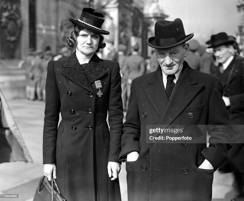 World War II, 26th March 1945, Mr and Mrs Bates parents of the Camberwell, London, V,C, Corporal ,Basher Bates - pictured outside Buckingham Palace after receiving the medal from the King (George VI) at an investiture