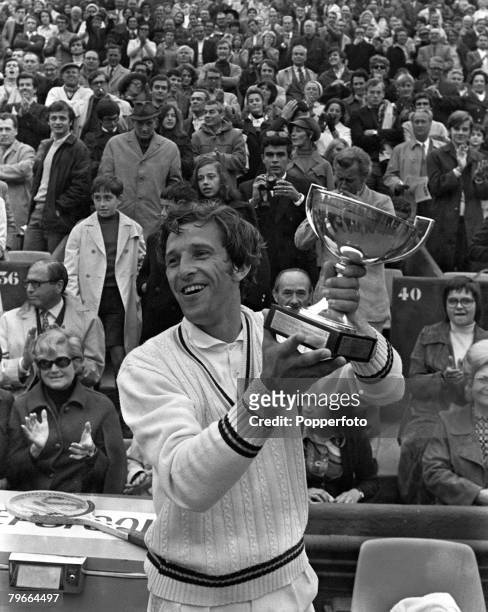 Tennis, French Open Championships, Men's Singles Final, Paris, France, 6th June 1971, Czechoslovakia's Jan Kodes holds aloft the trophy after winning...