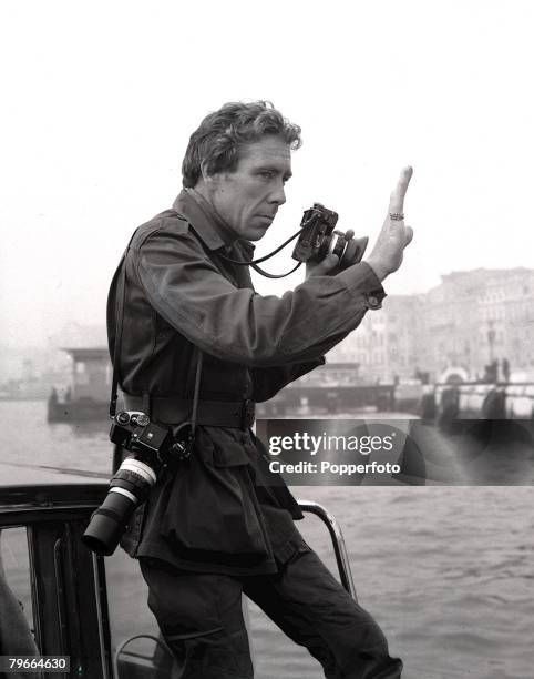 Venice, Italy, 14th October 1971, Photographer Lord Snowdon, husband of Princess Margaret, pictured at work in Venice