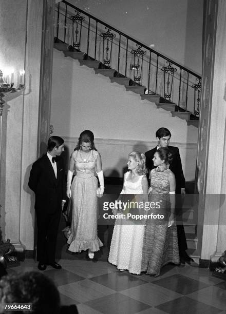 Washington DC, USA, 17th July 1970, L-R: Prince Charles, Princess Anne, Tricia Nixon, Julie Nixon and David Eisenhower at a White House dinner
