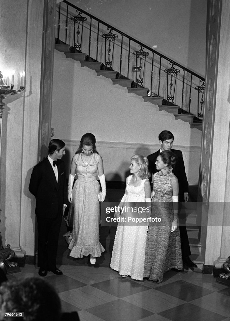 Washington DC, USA, 17th July 1970, L-R: Prince Charles, Princess Anne, Tricia Nixon, Julie Nixon and David Eisenhower at a White House dinner