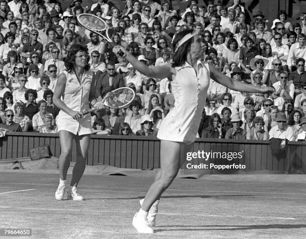 All England Lawn Tennis Championships, Wimbledon, Women's Doubles, 7th July 1973, Americans Billie Jean King and Rosie Casals on their way to victory...