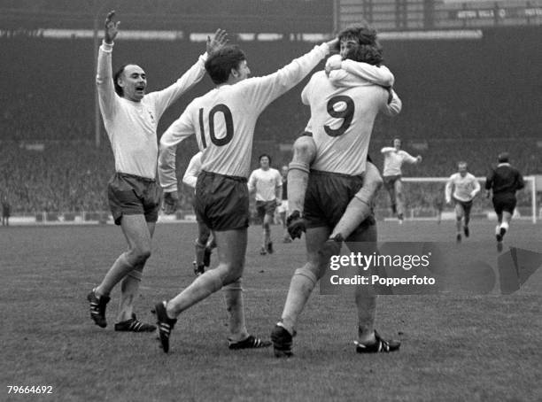 Football, 1971 League Cup Final, Wembley, 27th February 1971, Tottenham Hotspur 2 v Aston Villa 0, Spurs+ Martin Chivers is mobbed by teammates Alan...