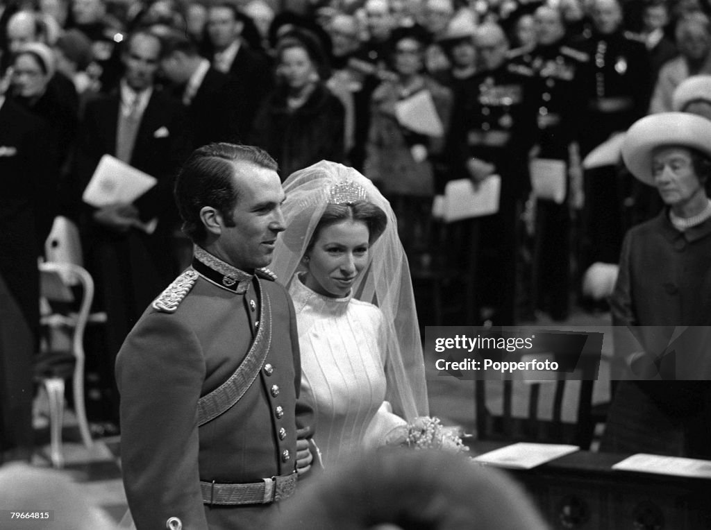 London, England, 14th November, 1973, HRH Princess Anne and captain Mark Phillips stand together during their wedding service at Westminster Abbey