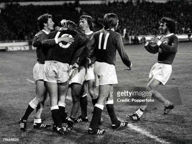 Football, European Nations Cup, Quarter Final, Wembley, 30th April 1972, England 1 v West Germany 3, Gunter Netzer of West Germany hugged by his...