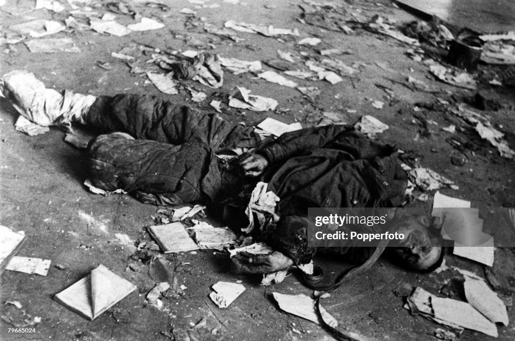 World War II, 5th January 1942, The body of Soviet soldier tortured and murdered by the Nazis at Vysokovsk on the eve of the German retreat on the Moscow front