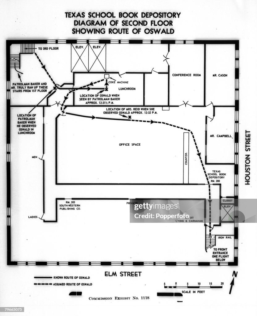 27th September 1964, Washington, USA, JFK Assassination, A diagram showing Lee Harvey Oswald+s route after the assassination of US President John F Kennedy in Dallas, Texas, This was exhibit 1118 in the Warren Commission Inquiry into President Kennedy+s k