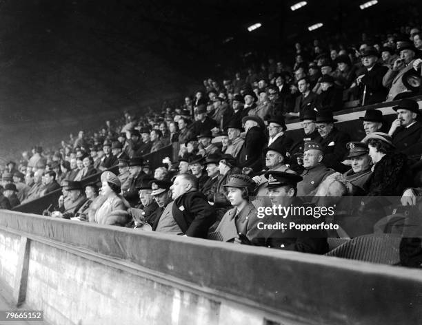 Football, World War II, 8th April 1945, Wembley, England, League South Cup Final, Chelsea v Millwall, King George VI, Queen Elizabeth and Princess...