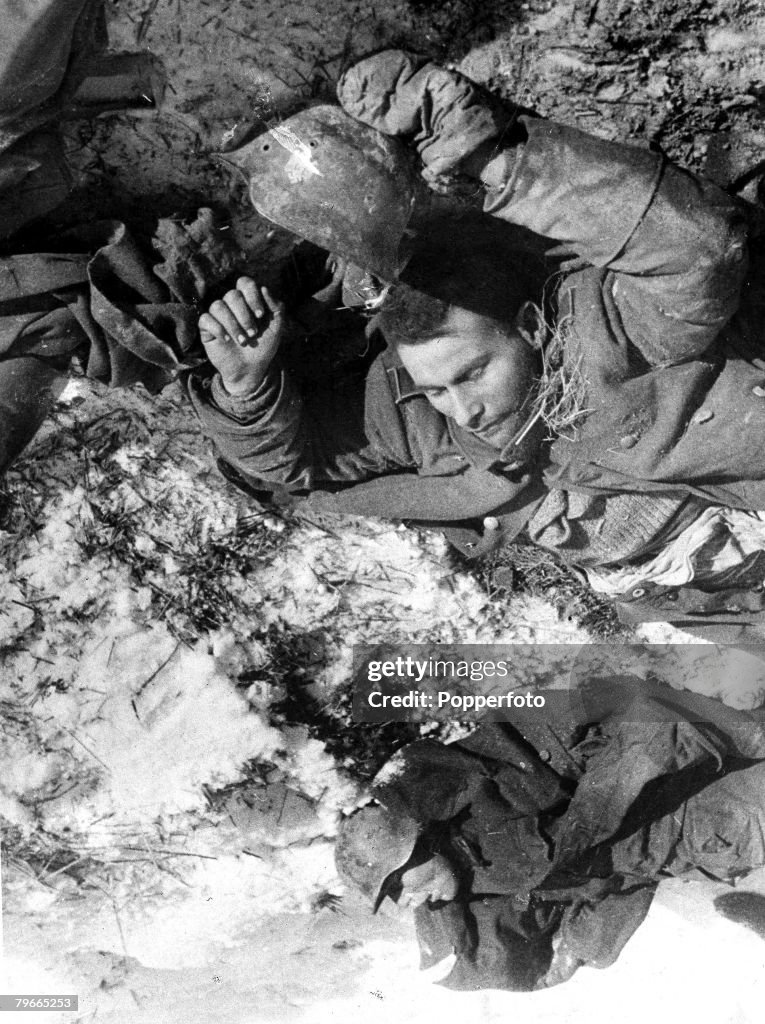 World War II, 5th January 1942, Dead Germans on the snowcovered battlefield as the Nazis fled before the Soviet troops on the Moscow front