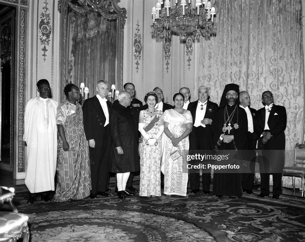 16th March 1961, London, England, Queen Elizabeth II entertains the Commonwealth Premiers at Buckingham Palace, L-R: Sir Abubakar (Nigeria), Dr Nkrumah (Ghana), Mr Diefenbaker (Canada) Panoit Nehru (India) Ayub Khan (Pakistan) Queen Elizabeth II, Sir Roy 