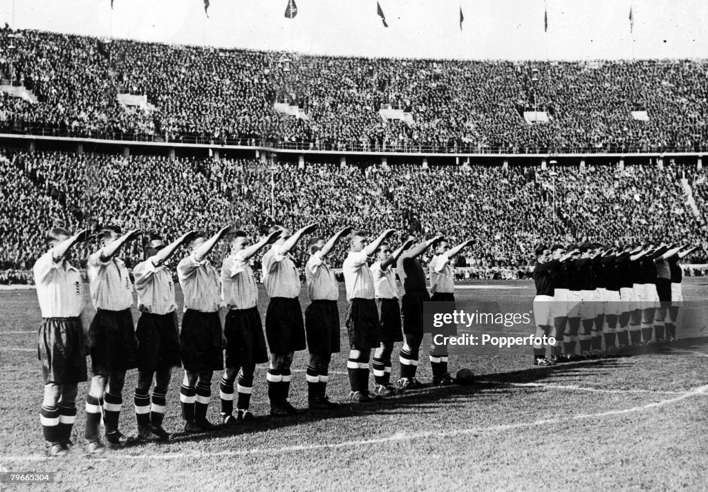 Pre-World War II, Football, 15th May 1938, Prior to their International football match in Berlin+s Olympic stadium, the England team (left) gave the nazi salute as the German national anthem was played, The game ended in a 6-3 victory for England watched 