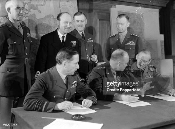 World War II, 14th February 1944, London, England, Members of the Allied Supreme Command are pictured in their London Headquarters, Seated L-R: Air...