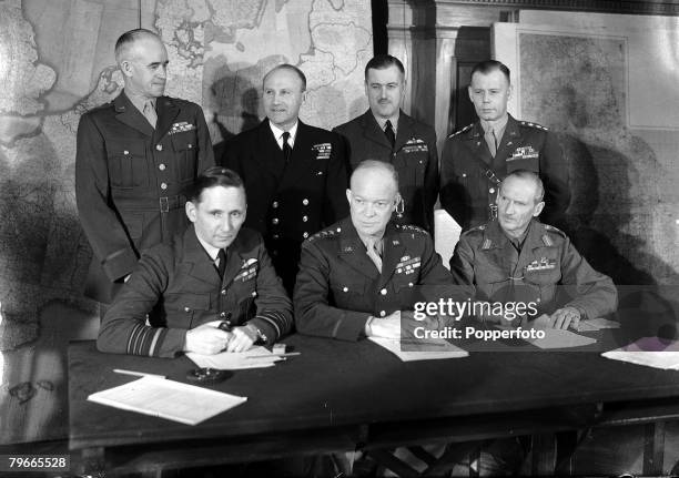 World War II, 14th February 1944, London, England, Members of the Allied Supreme Command are pictured in their London Headquarters, Seated L-R: Air...