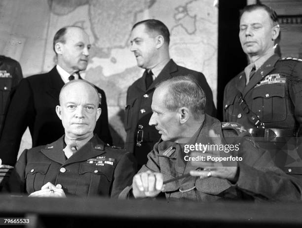 World War II, 14th February 1944, England, General Sir Bernard Montgomery, Commander-in-Chief of British Armies makes his point to General Dwight D...