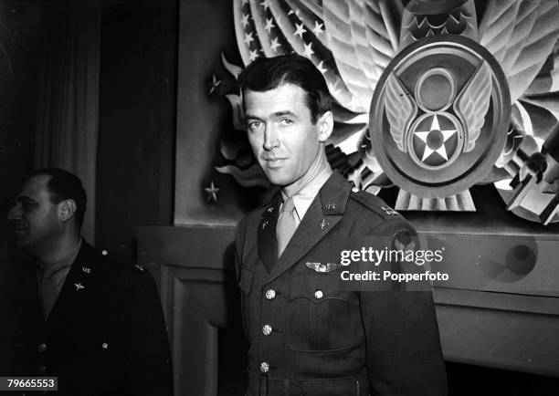 World War II, 2nd December 1943, London, England, US film star James Stewart, an American army Captain, is pictured in front of an 8th Air Force...
