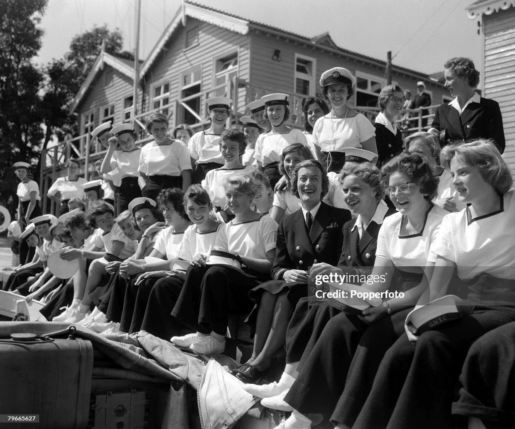 Girl's Nautical Training Corps Commandant Lady Mountbatten (bottom row, 4th right) at Surbiton, Surrey training course, 18th August 1959