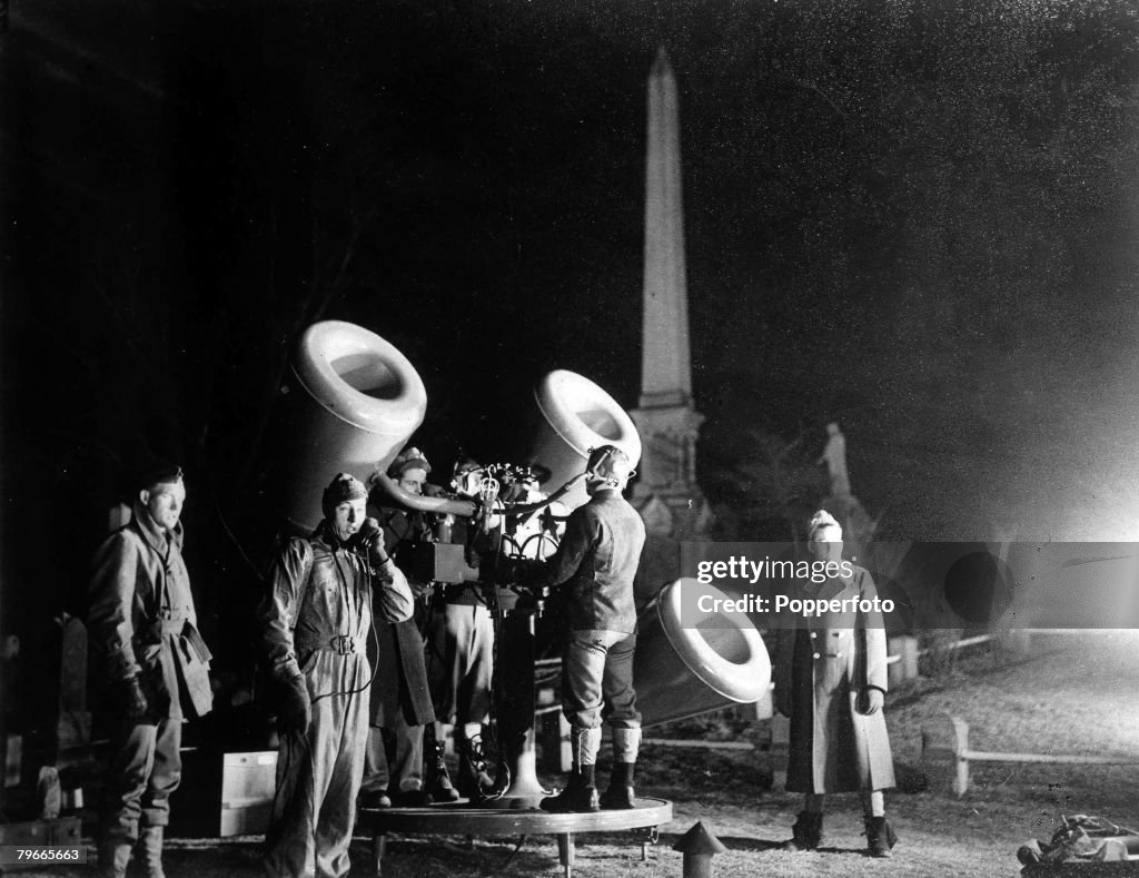 World War II, 14th December 1941, New York, USA, A complete anti-aircraft detection post set up in the Greenwood Cemetery at Brooklyn, during anti-raid exercises