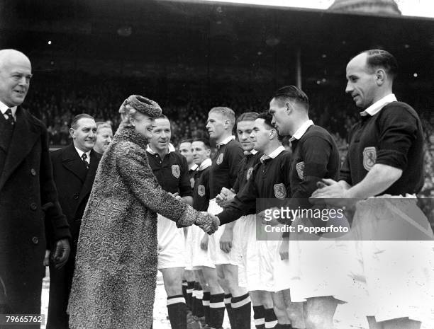 World War II, Football, 17th January 1942, Matt Busby introduces Mrs Winston Churchill to members of the scottish team before they met England at...