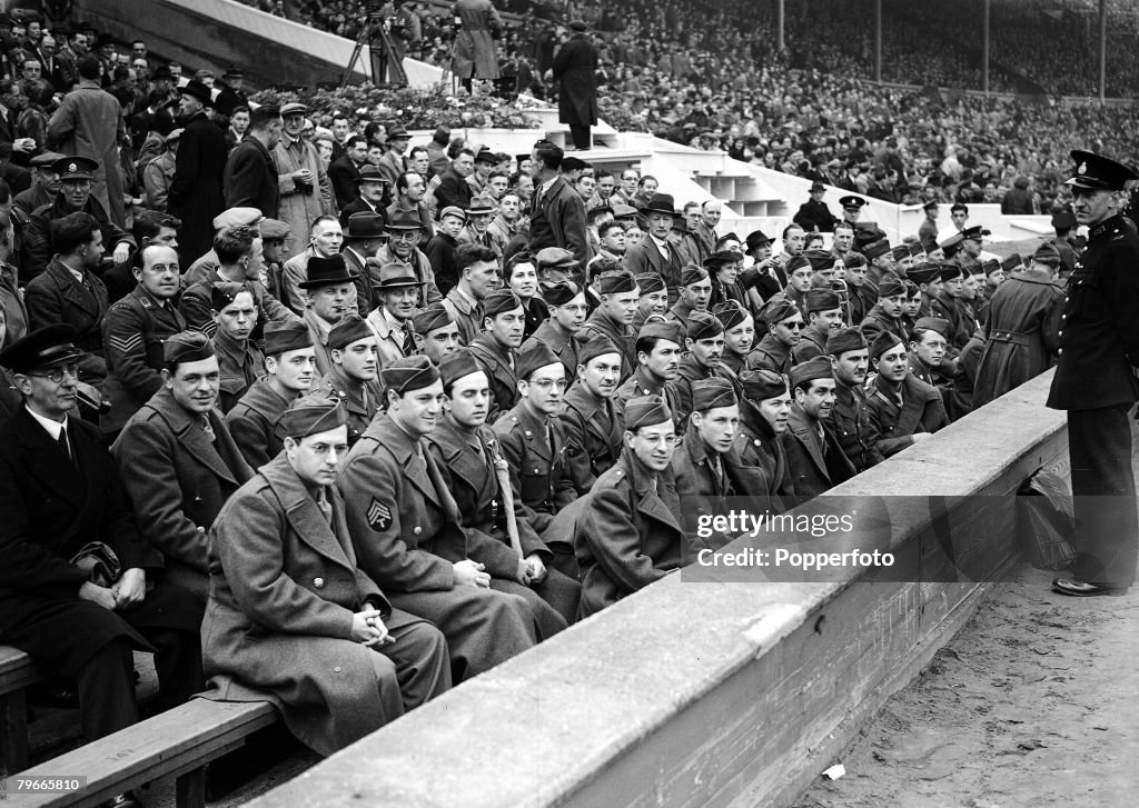 World War II, Football, 1st May 1943, American servicemen among the Wembley crowd of 75,000 watching the football league south cup final between Arsenal and Charlton, Arsenal won 7-1