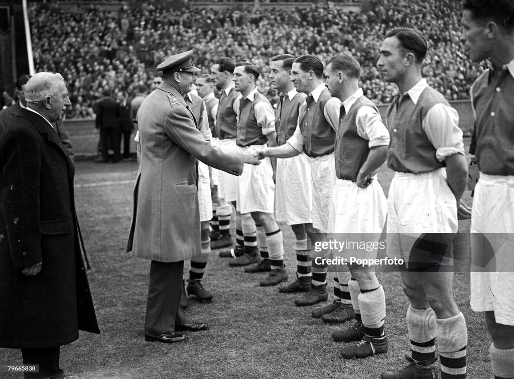 World War II, Football, 1st May 1943, The Duke of Gloucester shakes hands with Arsenal+s Ted Drake prior to the football league south cup final at Wembley between Arsenal and Charlton, Arsenal won the match 7-1