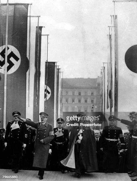 1st March 1939, Berlin, Germany, German Chancellor and Nazi dictator Adolf Hitler arrives for the opening of a Berlin museum accompanied by Field...
