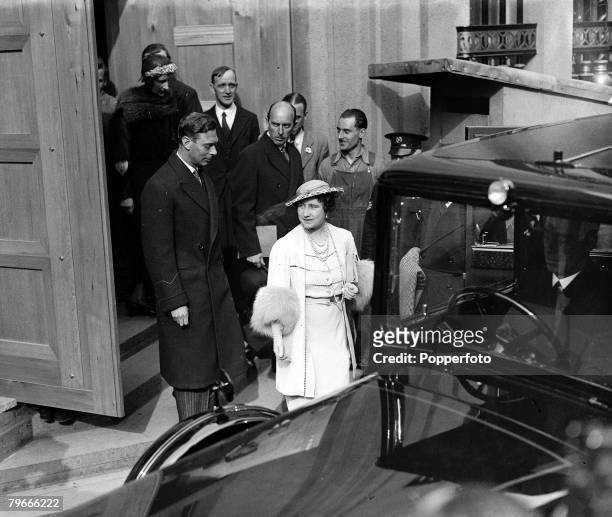 4th May 1937, London, England, King George VI and Queen Elizabeth leave Westminster Abbey after attending a Coronation Rehearsal.