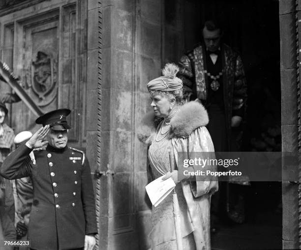 21st May 1937, London, England, Queen Mary leaves the Royal Albert Hall after attending a children+s Coronation tea party