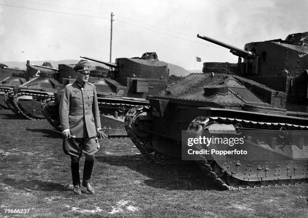 18th May 1937, Dorset, England, German War Minister Field Marshall Werner von Blomberg, inspects British tanks during a visit to the Royal Tank Corps...