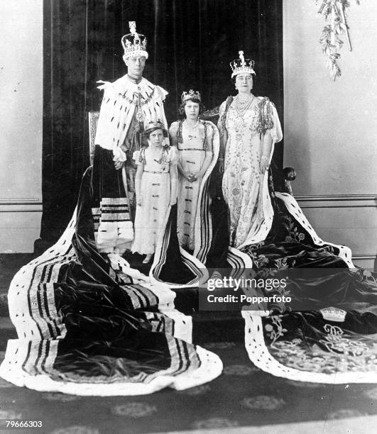 King George VI and Queen Elizabeth, later the Queen Mother, are pictured with Princess Elizabeth, later Queen Elizabeth II, and Margaret in their...