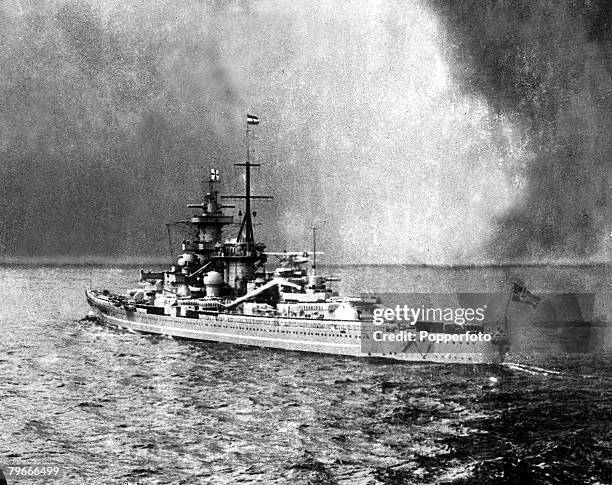 9th April 1940, World War Two: German Kriegsmarine battleship or battlecruiser Gneisenau, a 26,000 ton ship was armed with nine 11 inch guns,...