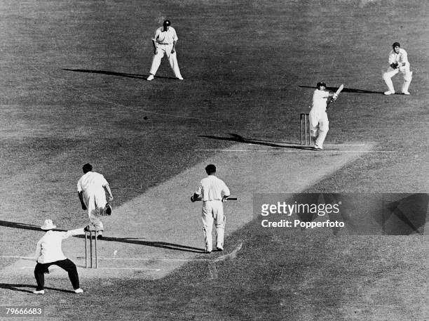 Cricket, 13th March 1937, The Ashes, Fifth Test Match, Melbourne, Australia, Australian cricket captain Don Bradman hits at a no ball from England...