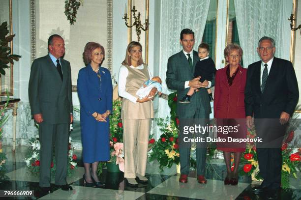 King Juan Carlos, Queen Sophia, Infanta Christina carrying Pablo Nicolas, one-year-old Juan, Inaki, Claire and Juan Maria Urdangarin.