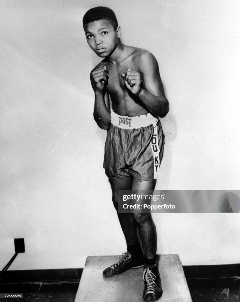 Boxing, Cassius Clay (later Muhammad Ali) pictured as a young boy of age 12 at a gym in Louisville, Kentucky, USA at the beginning of his career, 1954
