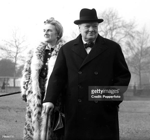 London, England, 9th January British Prime Minister Winston Churchill with his wife Clementine on London's Horse Guard's Parade after inspecting the...