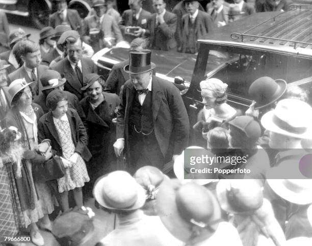 16th September 1935, Mr Winston Churchill arriving at a Bishopgate, London church with his eldest daughter Diana who married MP for Norwood Mr Duncan...