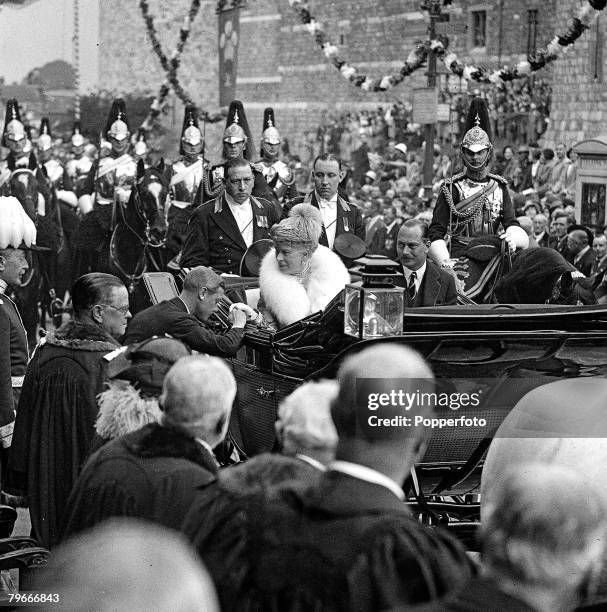 15th June 1935, Windsor, Berkshire, Queen Mary is accompanied by the Duke of Gloucester as they are received by the Prince of Wales during the...