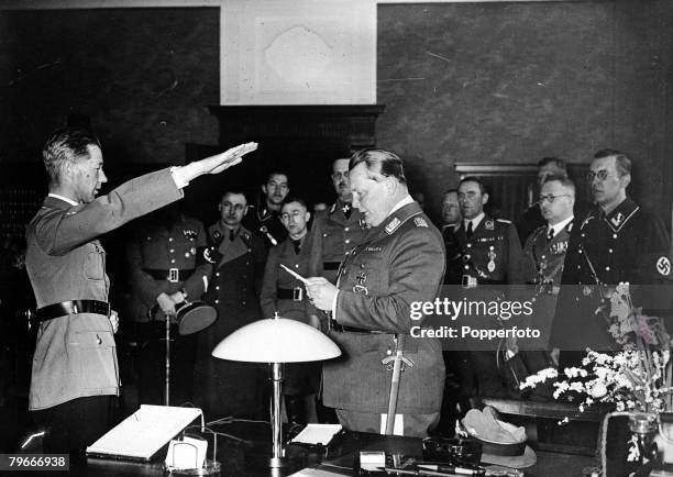 World War II, 24th April 1940, German Nazi leader and Field Marshall Hermann Goering , swears in the new Reichskommissar Civil Administrator of...