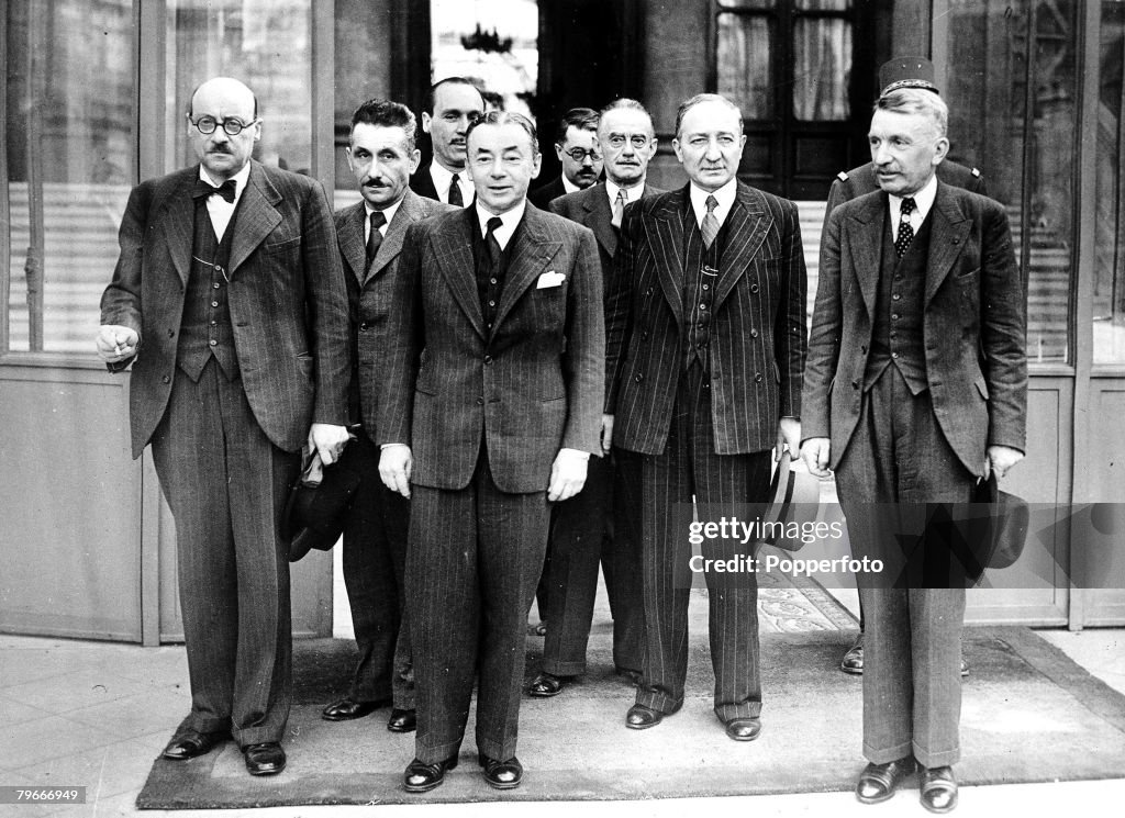 10th June 1940, World War II, Members of French cabinet leaving the Elyee palace in Paris after their reconstruction carried out by M, Reynaud, Seen left to right are : M,L,O, Frossard, Minister of Public Works and transport; Allbert Chichery, Commerce an