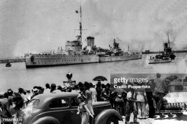 13th January 1940, World War II, view of Leander-class light cruiser HMNZS Achilles seen arriving at Buenos Aires, Argentina after playing a major...
